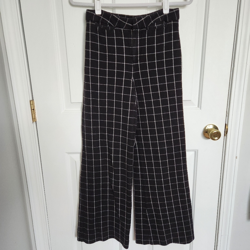 Free People Wide Leg Windowpane Stretchy High Rise Black Pants - Size 0